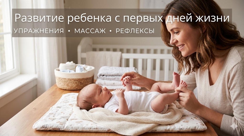 Развитие ребенка с первых дней жизни: упражнения, массаж и рефлексы — Крупный план нежных маминых рук, аккуратно массирующих крошечные ладошки и пальчики новорожденного ребенка. Мягкое естественное освещение, передающее атмосферу заботы и близости. Фокус на тактильном контакте и расслабленном выражении лица малыша.