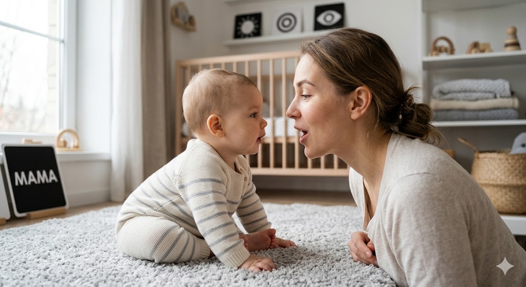 Лепет и первые слова: в чем отличие и как запустить лепетную речь — Молодая мама сидит лицом к лицу с 7-месячным младенцем. Мама утрированно произносит слоги, широко открывая рот, а малыш внимательно смотрит на ее губы и пытается подражать. Светлая, уютная комната, фокус на мимике и визуальном контакте.