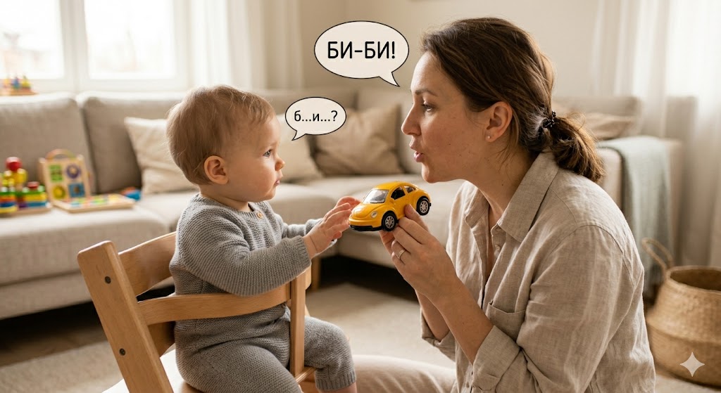 Первые слова. Сроки появления? Как научить говорить простые слова? — Эмоциональный момент: мама держит перед лицом красное яблоко, указывая на свои губы, и четко произносит слово. Годовалый ребенок сидит напротив, завороженно смотрит на маму и пытается приоткрыть рот для повторения. Теплый солнечный свет, акцент на взаимодействии и мимике.