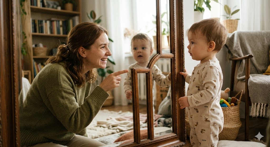 Ребенок не говорит: мама. Это проблема? — Эмоциональный кадр: мама и маленький ребенок (около года) смотрят вместе в зеркало. Мама улыбается и указывает на свое отражение, а малыш с любопытством рассматривает маму в зеркале. Мягкое комнатное освещение, акцент на узнавании и эмоциональной связи.
