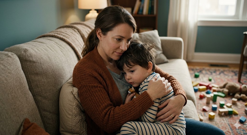 Ребенок начал говорить, а потом замолчал. Что это значит? Какой прогноз? — Мама сидит на диване, обнимая притихшего ребенка. Она смотрит на него с любовью и легкой тревогой, а малыш задумчиво прижался к ней. На заднем плане разбросаны кубики. Глубокие мягкие цвета, акцент на защищенности, тишине и эмоциональной поддержке.
